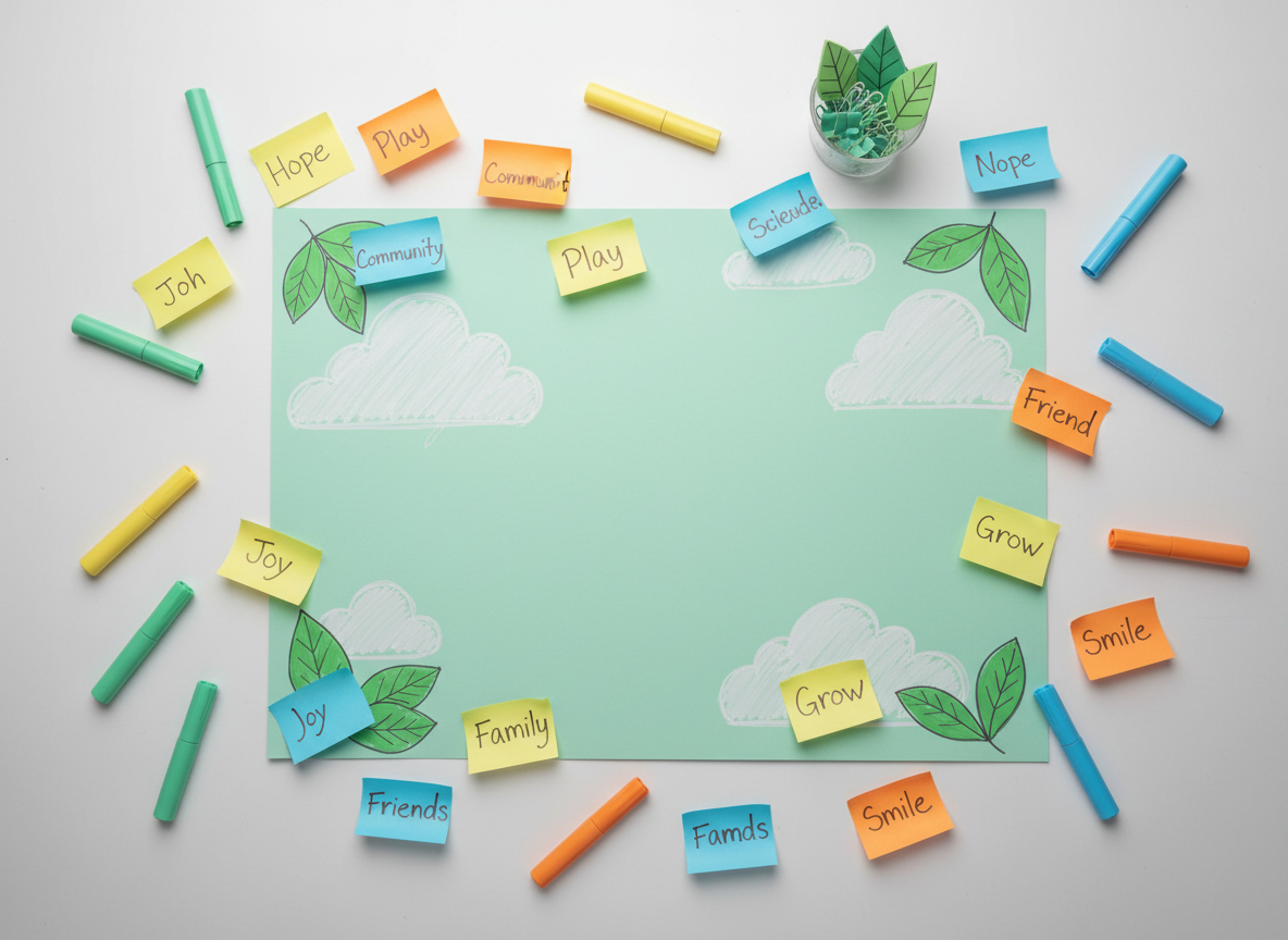 A colorful, overhead view of a planning table for a Greenleaf/Wrightstown Optimist Club family event, featuring an array of rounded stationery items. There is a large, mint-green poster board in the center with playful hand-drawn cloud and leaf shapes, surrounded by curved-edge sticky notes in bright yellows, oranges, and blues, each labeled with optimistic words like “Hope,” “Play,” and “Community” in soft, rounded typography. Smooth, fat markers in matching colors lie scattered, some uncapped, alongside a cup of leaf-shaped paper clips. The table surface is a light, matte-white laminate that reflects soft, even studio lighting without harsh glare. Photographic realism, shot directly from above with sharp focus across the frame, creates a vibrant, energetic, and organized atmosphere, ideal for depicting behind-the-scenes preparation for children’s and family programs.