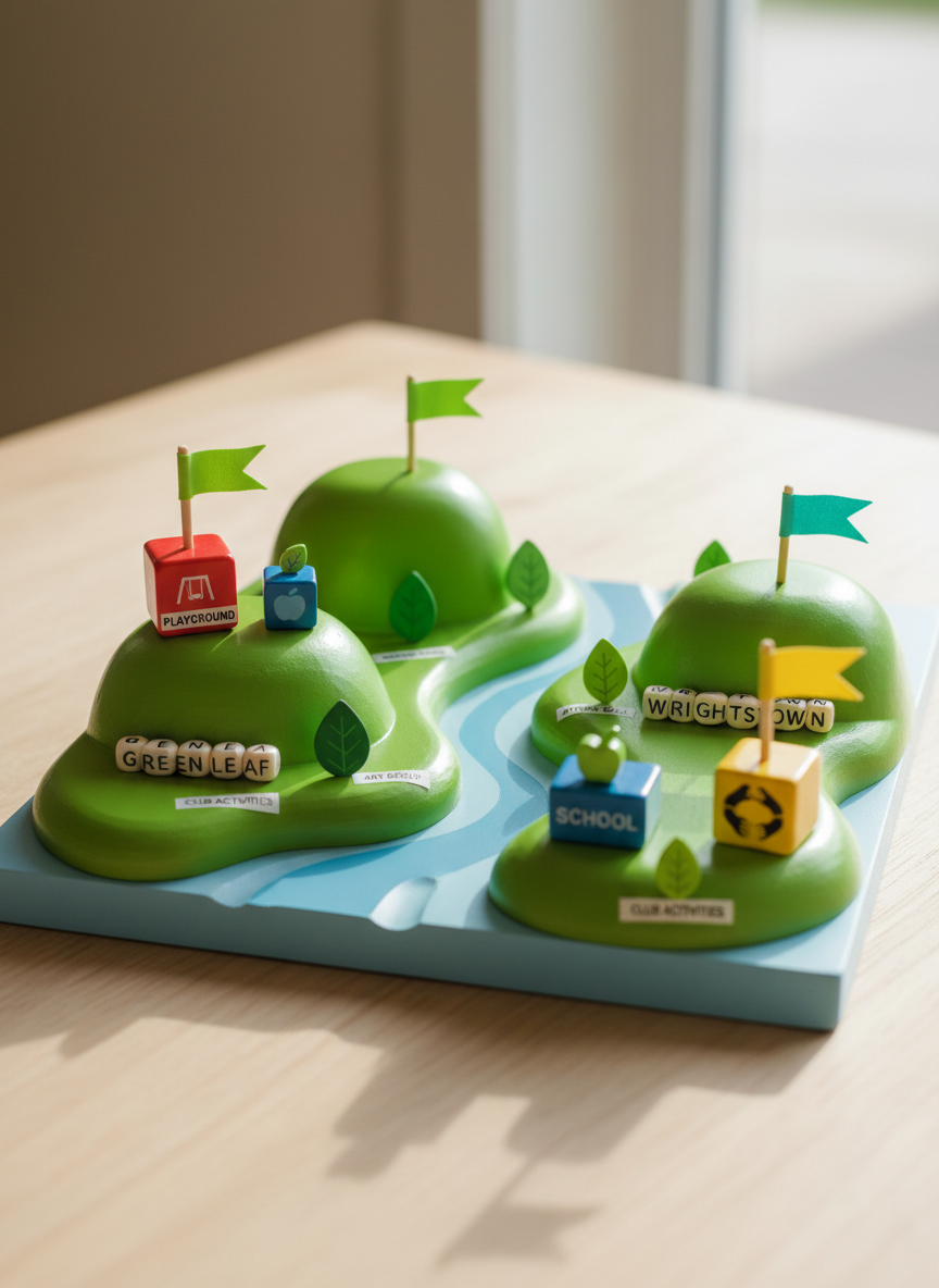 A playful, stylized map of the Greenleaf and Wrightstown area rendered as a three-dimensional tabletop scene using miniature, glossy objects instead of drawings. Smooth, rounded green hills made from painted wood rise gently from a pale-blue base that suggests a river curving between two towns. Tiny, colorful building blocks with rounded corners represent schools, playgrounds, and community centers, each topped with miniature flags in optimistic colors: lime, teal, and sunny yellow. Small, painted leaf icons dot the landscape where club activities happen. Soft, diffused natural light from an unseen window to the right highlights gentle curves and textures while casting very soft shadows. Photographic realism from a slightly elevated angle emphasizes depth and detail, creating a warm, imaginative, and hopeful mood that highlights the club’s focus on local families and neighborhoods.